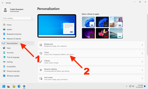 Opening the Colors section in Windows 11 settings
