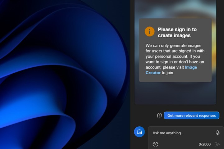 Windows Copilot refusing to create an image without a login.