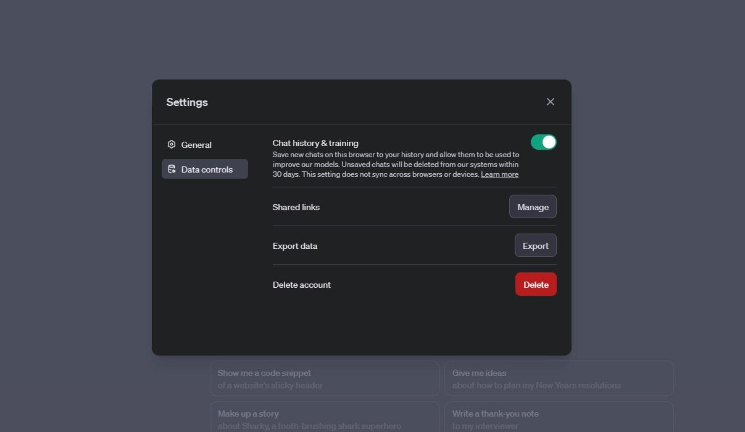 screenshot of chatgpt account data control settings