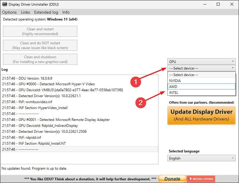 Display Driver Uninstaller prompt with GPU options visible