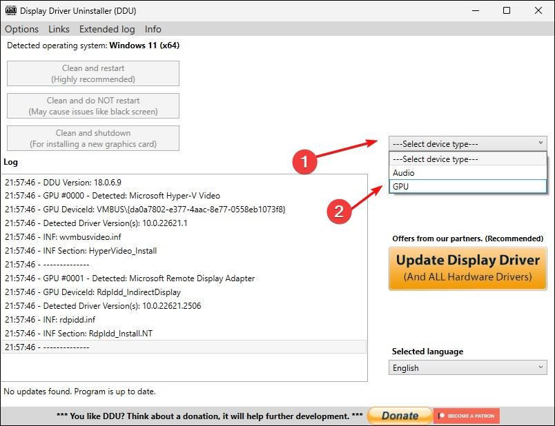 Display Driver Uninstaller prompt with the Select device type option selected