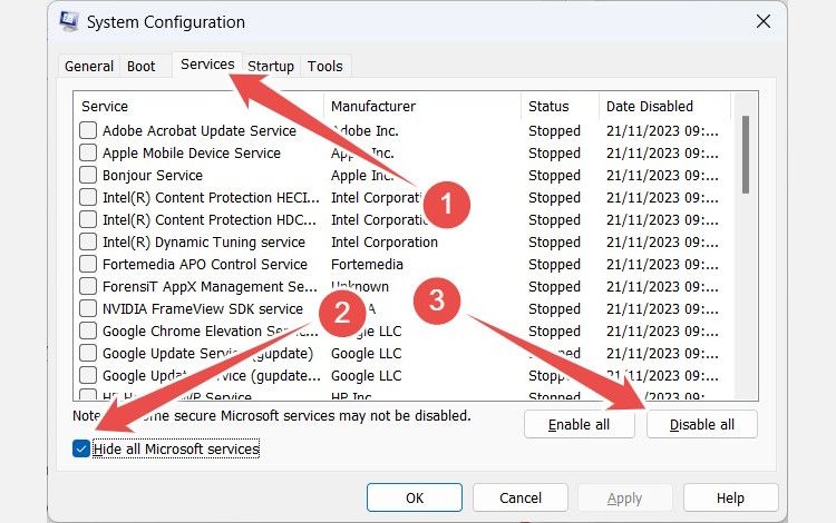 The process of disabling all non-Microsoft Services on Windows