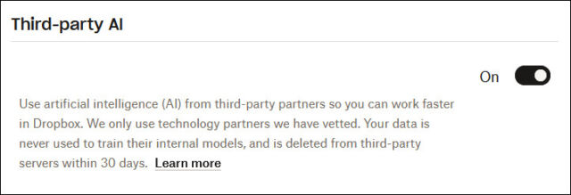 A screenshot of Dropbox's third-party AI feature switch.