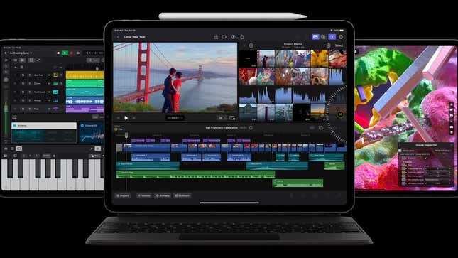 Three iPad Pro models showing different apps like Final Cut on its screens.