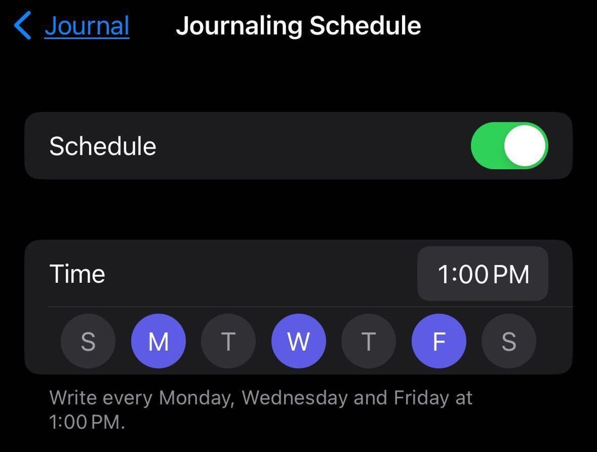 The Journaling Schedule menu in the Journal app which lets you schedule what days and times to journal