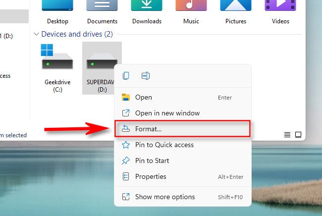 In Windwos 11, right-click the drive you want to format and select 