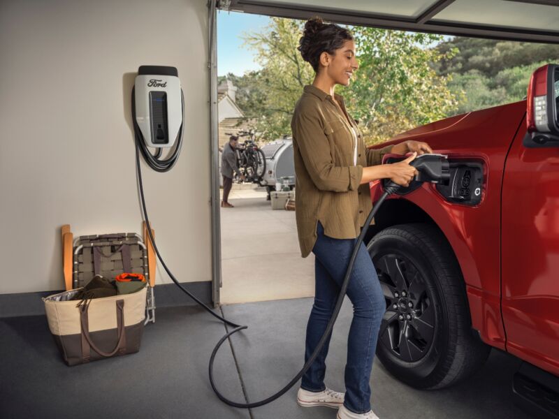 It's a hefty plug, but it has to be so that an F-150 Lightning can send power back to the home through an 80-amp Ford Charge Station Pro.