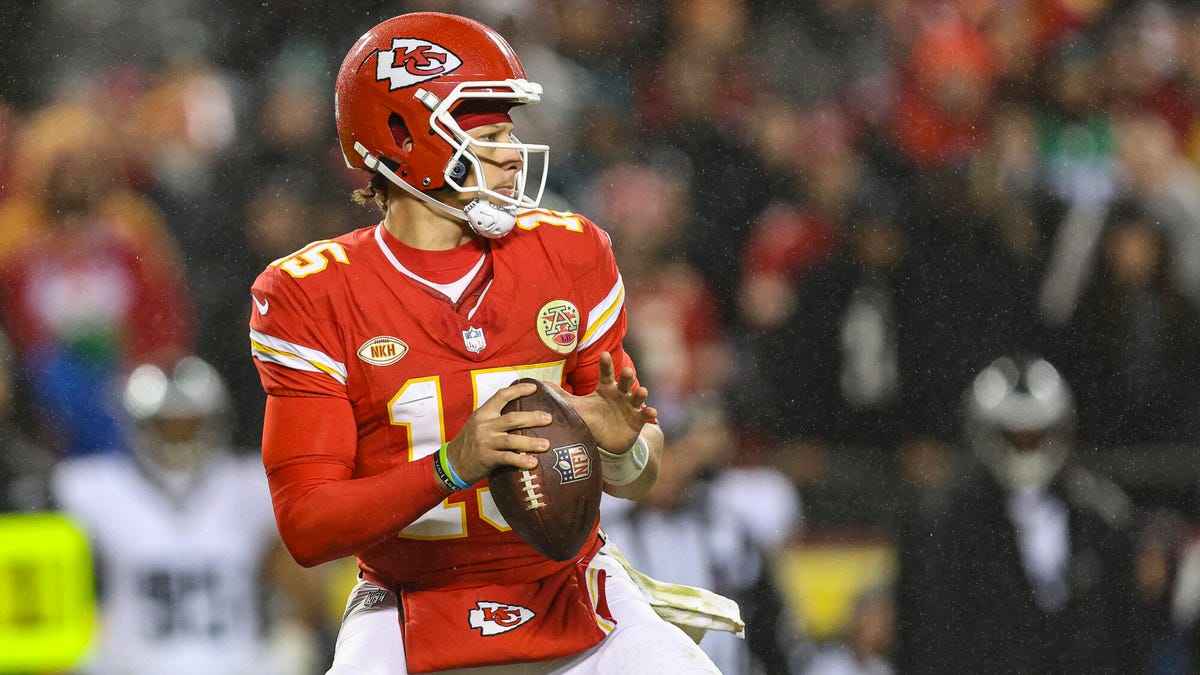 Patrick Mahomes of the Kansas City Chiefs holding the ball with his right hand as he prepares to throw.