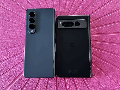 Google Pixel Fold in Obsidian side by side with Samsung Galaxy Z Fold 4.