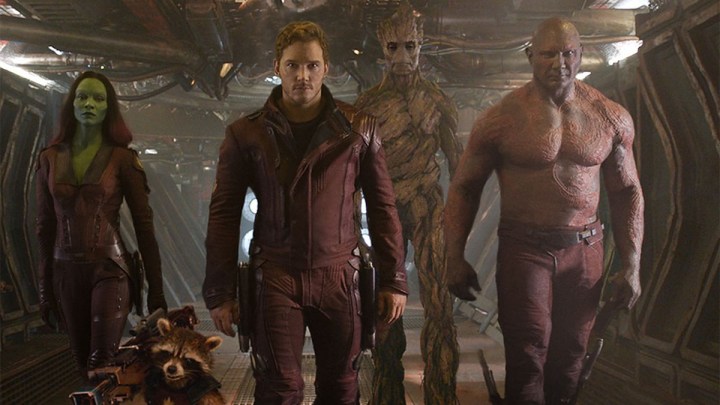 The cast of "Guardians of the Galaxy" walking toward the camera.