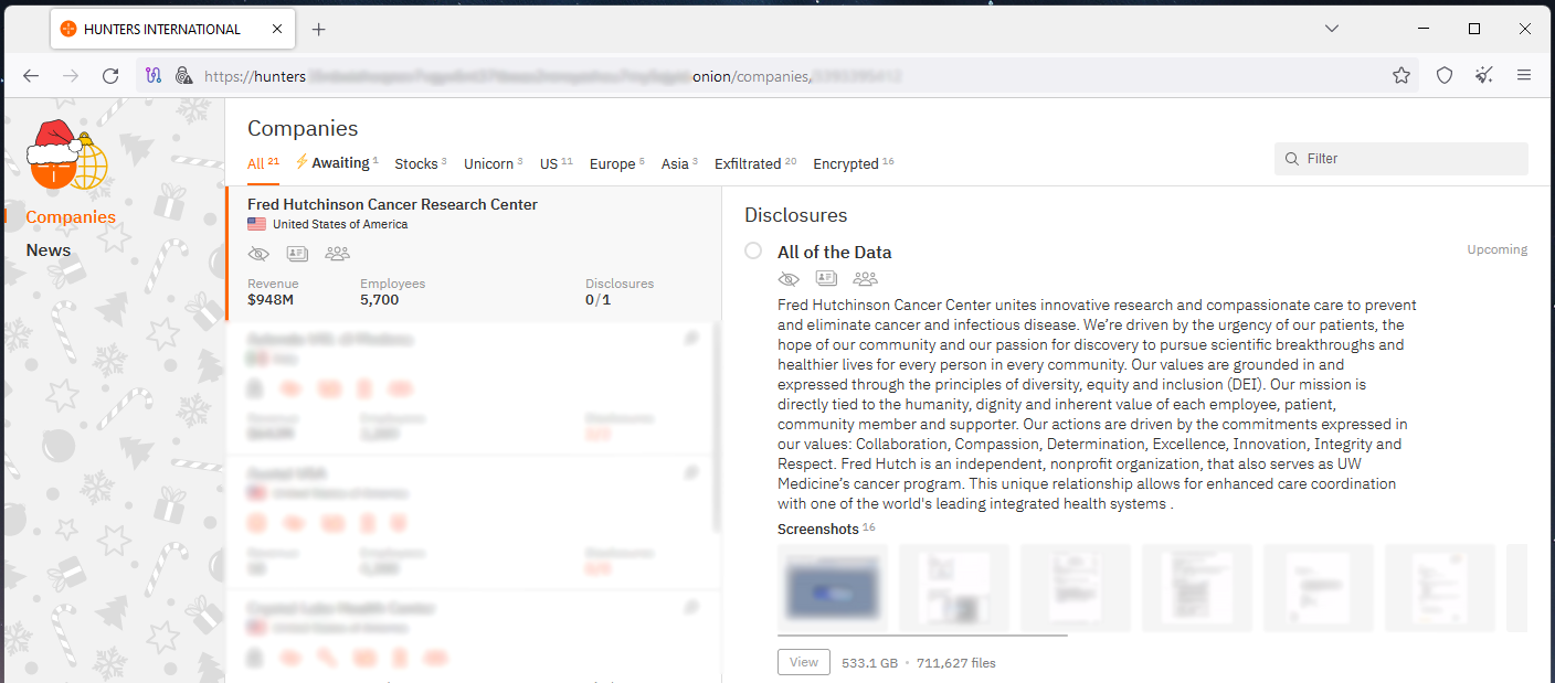Fred Hutch listed on Hunter's extortion portal
