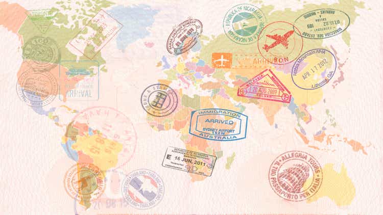 World map with Visas, Stamps, Seals. Travel concept