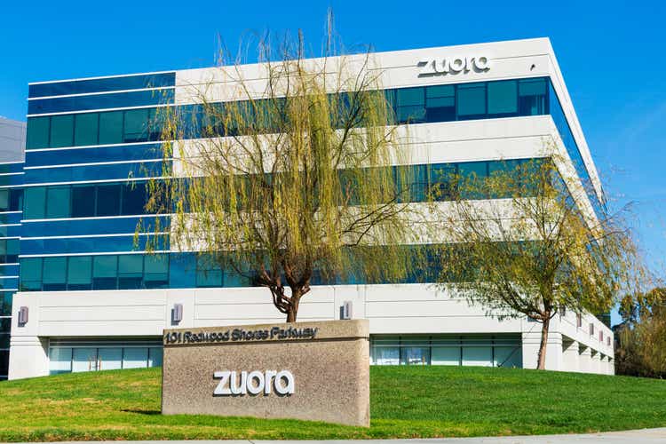 Zuora headquarters campus under blue sky. Zuora creates and provides software for businesses to launch and manage their subscription-based services