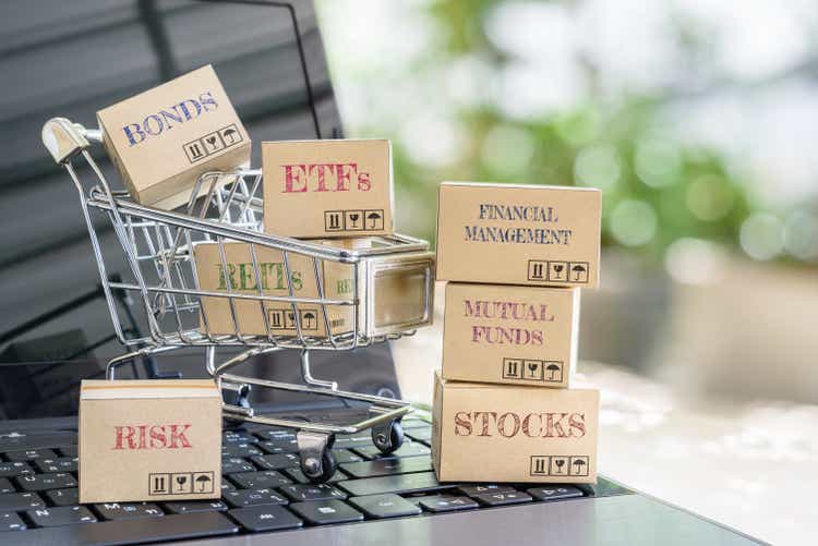 Box of financial management, bonds, ETFs, REITs, risk, mutual funds, stocks in a shopping cart on a laptop