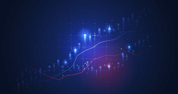 Glowing light market chart of business glowing stock graph or investment financial data profit on growth money diagram background with diagram exchange information. 3D rendering.