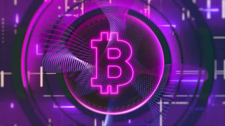 Bitcoin (BTC) cryptocurrency symbol crypto mining cyberspace. Blockchain futuristic investment abstract glowing blurred magenta neon 3D background concept.