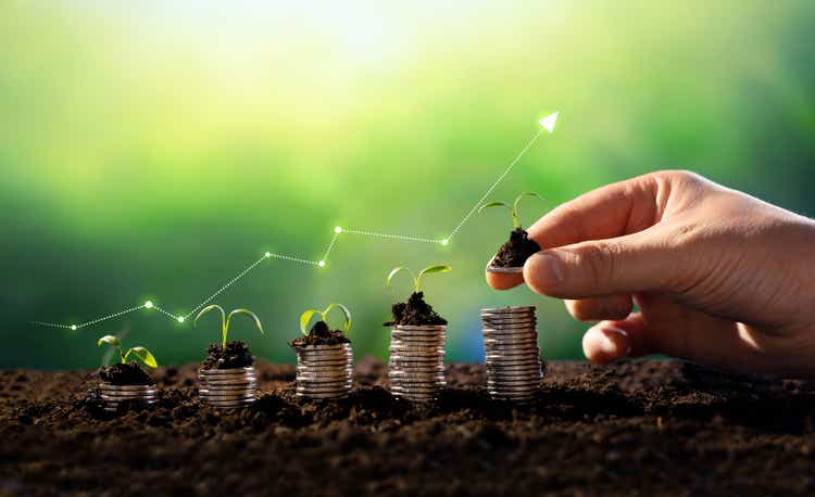 Concept of business growth,profit, development and success. Seedling are growing with business arrow of growth.Young plants on coin stacks increase.Growing money,finance and investment.