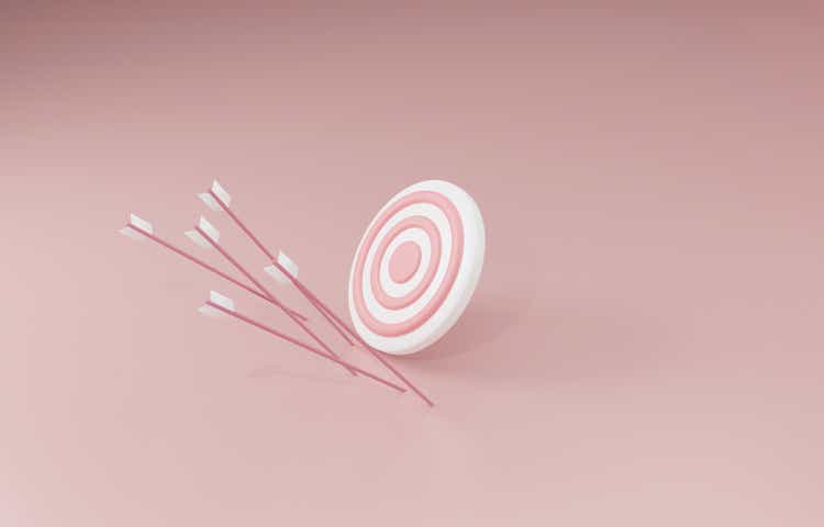 Arrows missing archery target, business fail, missing opportunity, inefficient working concept, 3D illustration.