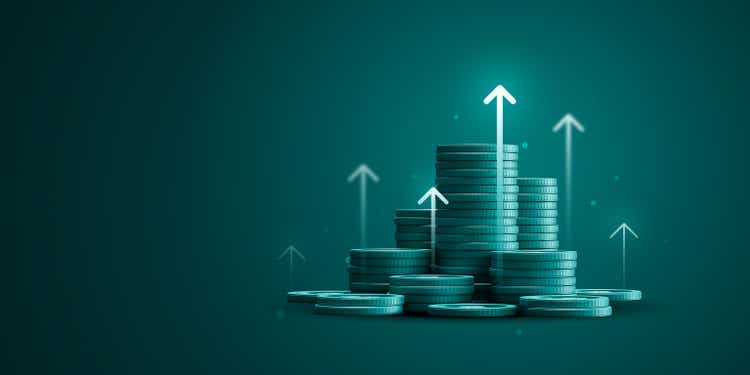 Growth financial business arrow money coin on increase earnings 3d background with economy market investment finance banking profit or success cash stack currency of wealth graph price value strategy.