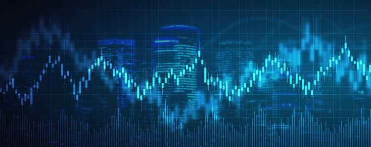 financial chart with uptrend line graph of stock market on cityscape background