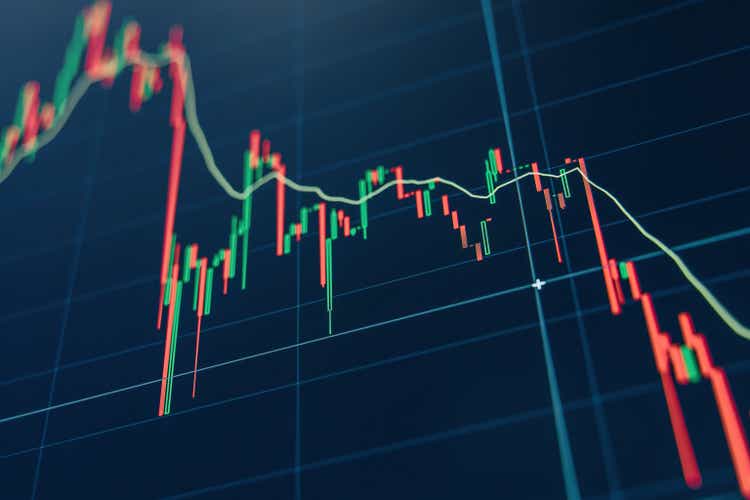 Crypto diagram with green and red candlesticks on blue display. TradingView.