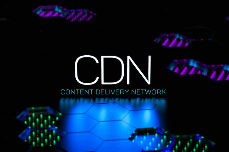 CDN Content Delivery Network text concept neon.CDN network infrastructure. 3D render.