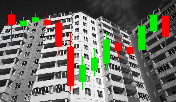 Market graph on residential building background. Real estate index. Rising prices for purchase, sale and rental of flat. Housing. Investment trusts REITs. Construction industry. Japanese candles.