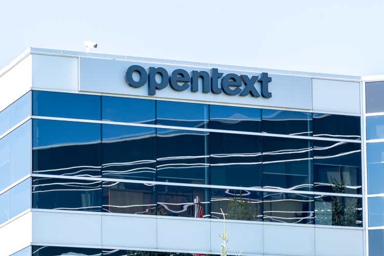 OpenText sign on their Corporate Headquarters building in Waterloo, Ontario, Canada