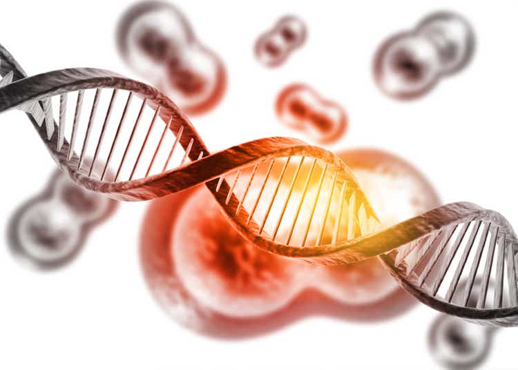 Human DNA strand on scientific background