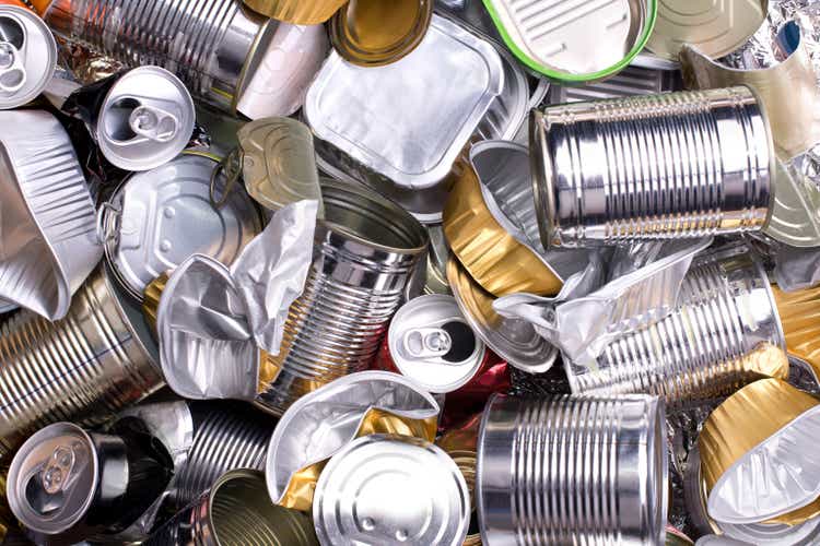 Metal cans and tins prepared for recycling