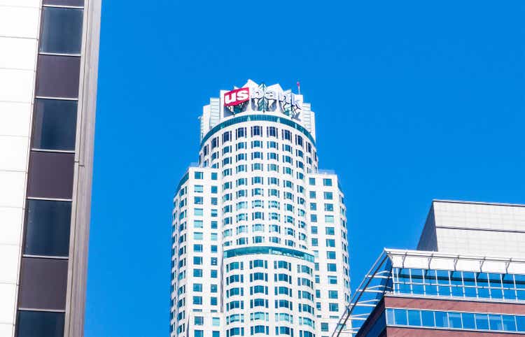 The tower building and skyscraper of US Bank in Downtown LA. The company is the 7th largest bank in the United States.