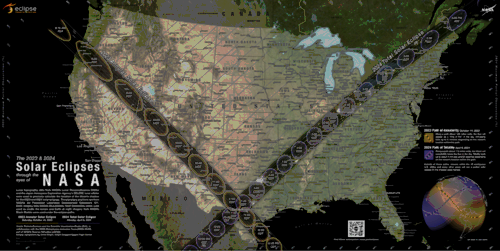 The path of the 2023 annular solar eclipse (on left) and 2024 total solar eclipse (on right).