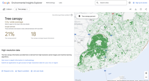 A screenshot of the Google Environmental Insights Explorer showing a map of Lisbon, Portugal. Green dots show the location of trees.