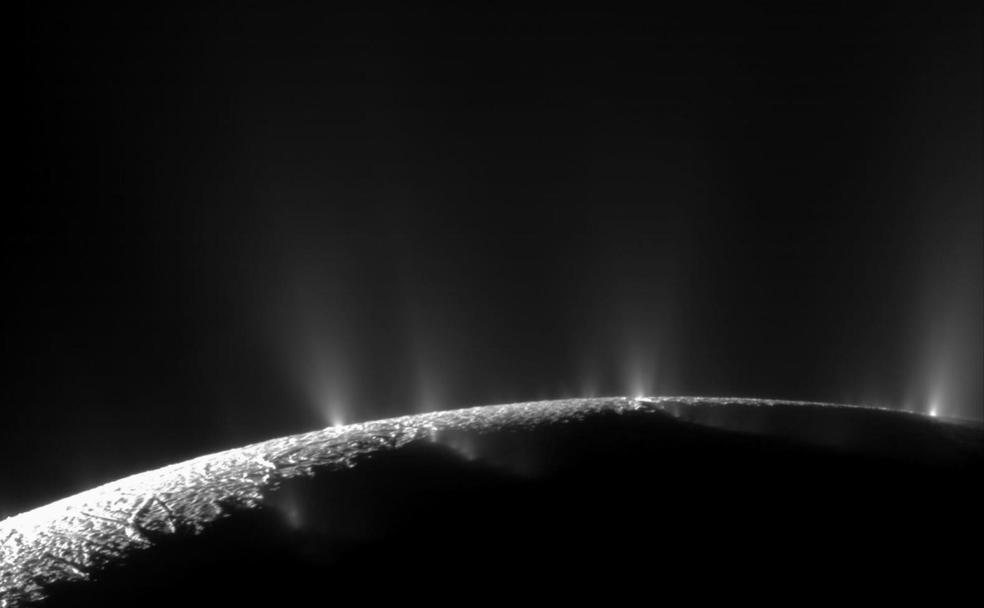 NASA's Cassini probe captured these jets of water vapor and organic compounds shooting from the moon's south pole on Nov. 21, 2009.