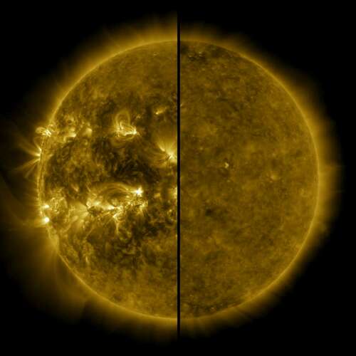 On left: the sun during solar maximum. On right: the sun during solar minimum