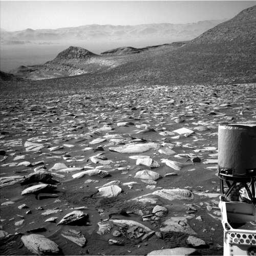 The Curiosity rover's view from Mount Sharp, near Gediz Vallis Ridge.