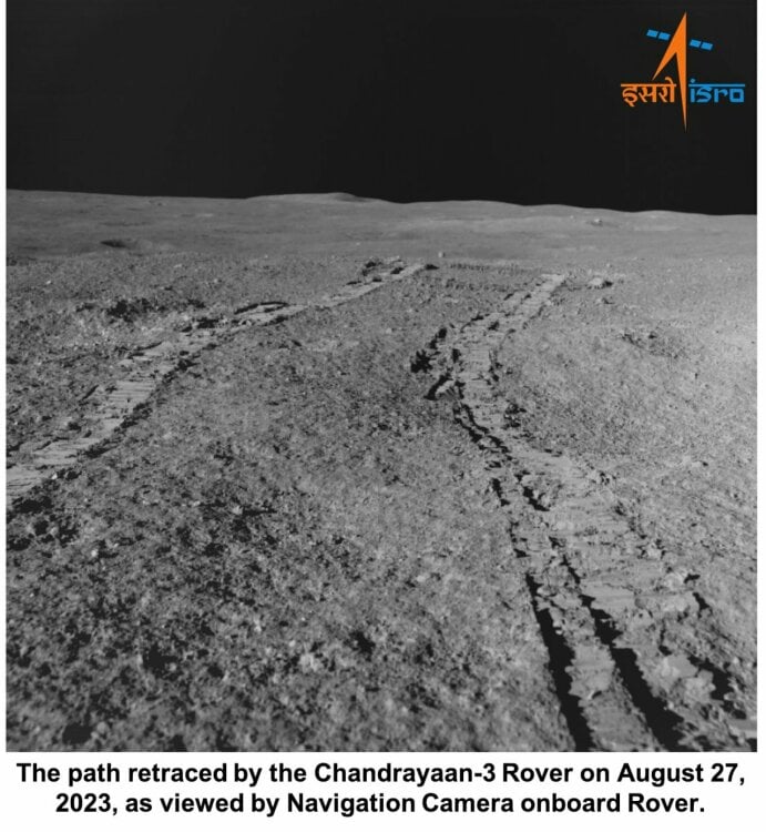 India's moon rover Pragyan left tracks on the moon's chalky surface.