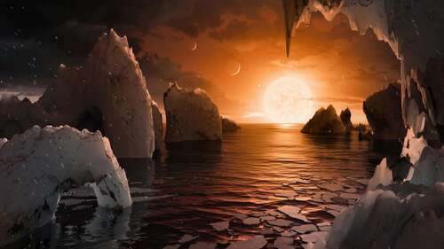 An illustration of how the surface on exoplanet TRAPPIST-1f could potentially look.