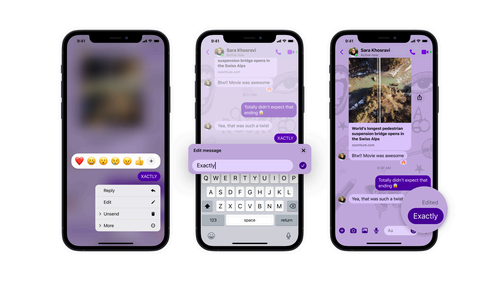 Three smartphones showing the process of editing a Messenger message.