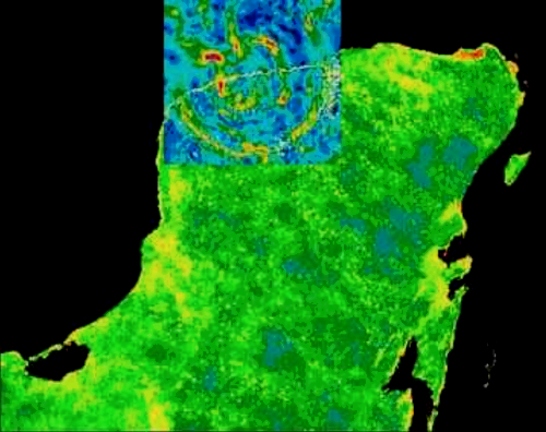 A gravity anomaly map of the Chicxulub Crater in the Yucatan Peninsula.