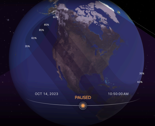 A map showing how much of the sun will be eclipsed at 10:50 a.m. ET on Oct. 14, 2023.