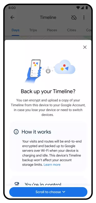 A image from Google showing a user a prompt that they can backup their locatin data on the cloud