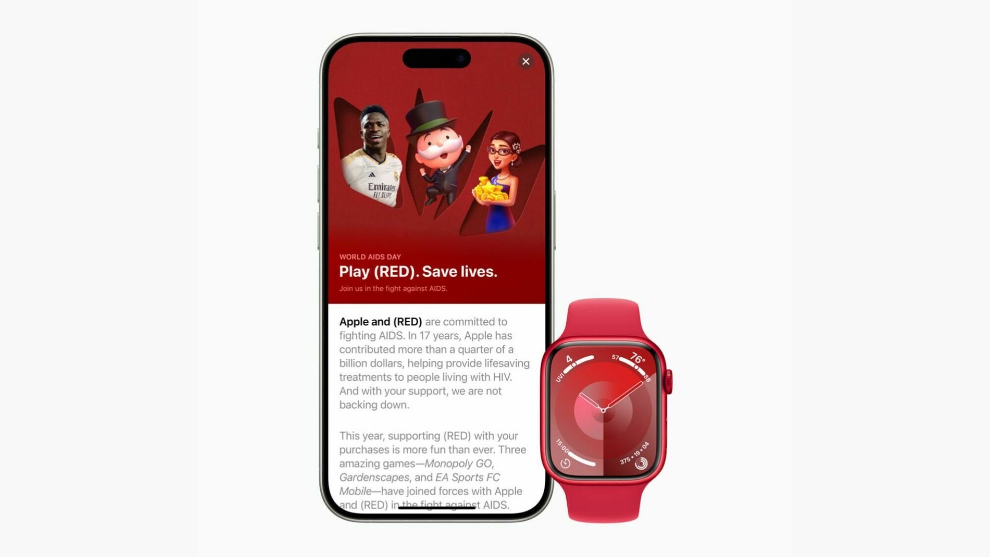 An Apple phone displaying the (RED) partnership, and a new red Apple Watch.