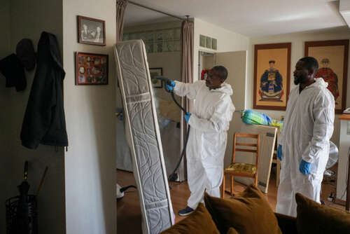 Pest control experts applying insecticide on a mattress in Paris, France, in October 2023.