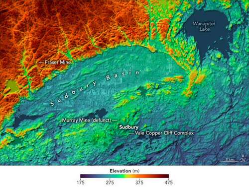 A view of the topography of the ancient Sudbury impact crater.