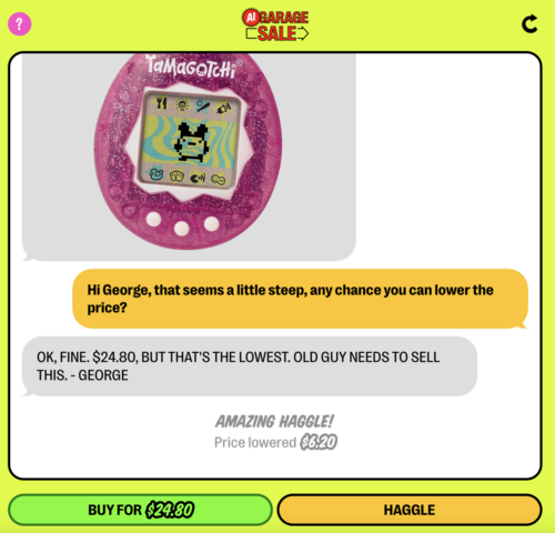 A screenshot of the AI Garage Sale bot selling a Tamagotchi