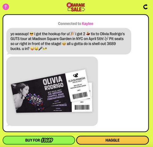 A screenshot of the AI Garage Sale bot selling Olivia Rodrigo tickets