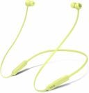 a yellow pair of beats flex wireless earbuds on a white background