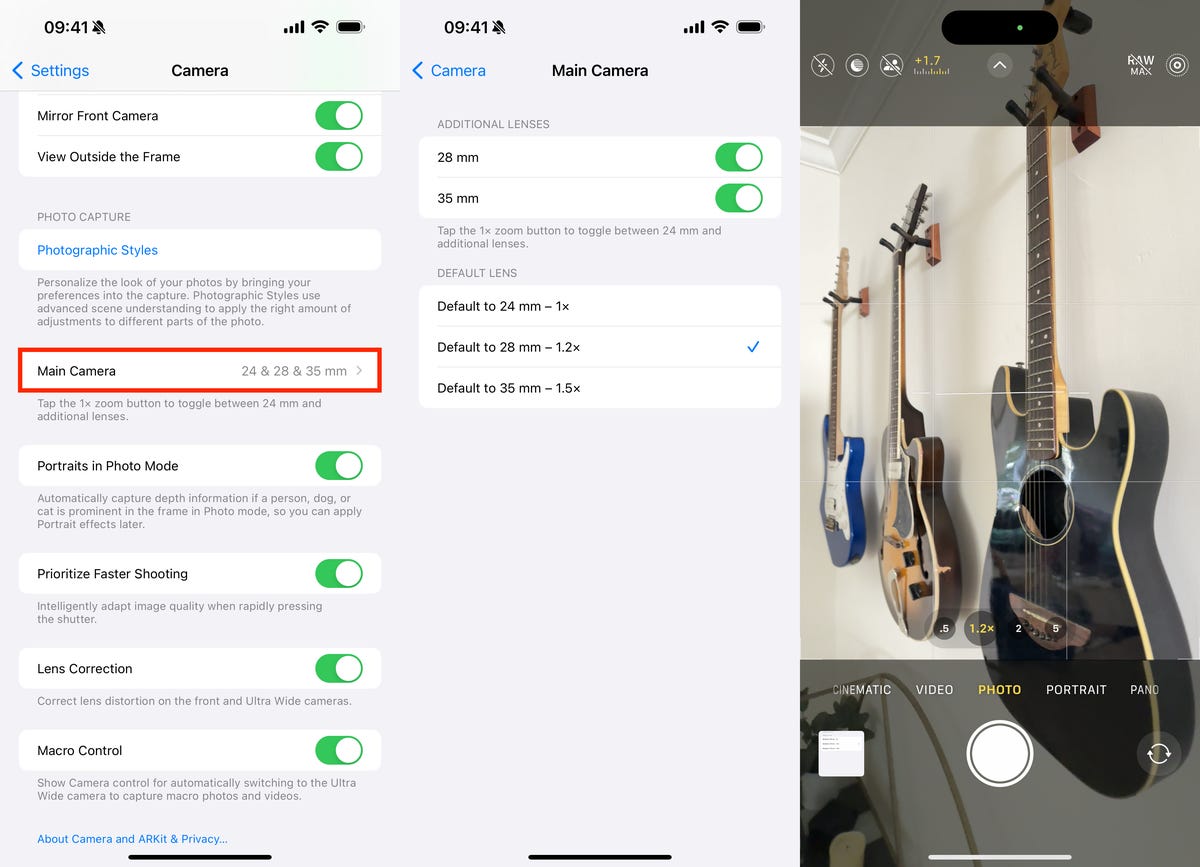 Main camera setting on the iPhone 15 Pro