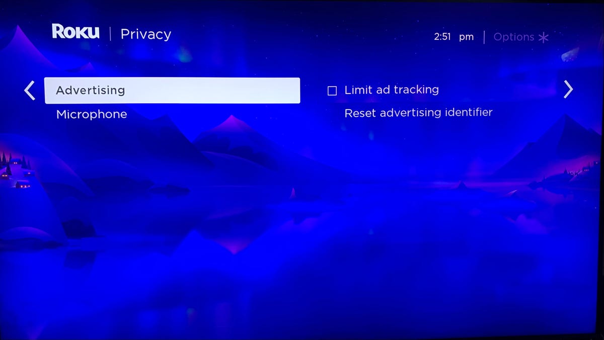 Roku Privacy settings with Advertising selected